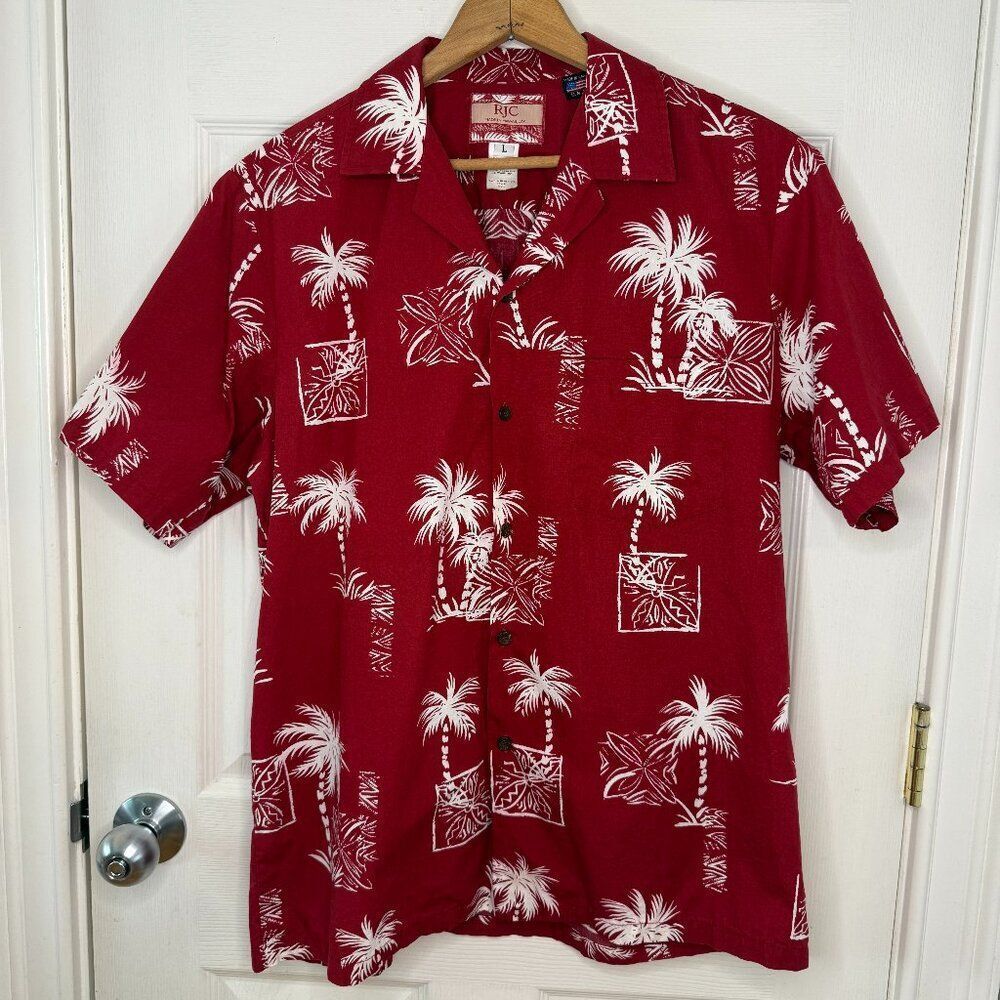 Vintage RJC Hawaiian Coconut Tree Cotton Shirt Made in Hawaii USA Size Large